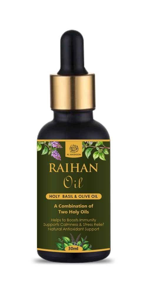 AL MASNOON Raihan Oil | 30ml | Sacred Blend of Pure Olive Oil & Holy Basil (Raihan) Oil | Traditional Multi-Purpose Herbal Oil for Massage, Aromatherapy & Personal Care
