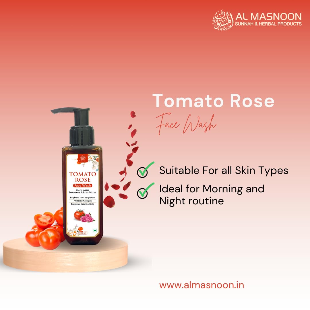 AL MASNOON Tomato Rose Face Wash | 100ml Pack of 1 | Natural & SLS Paraben Free, Enriched with Tomato and Rose Extracts for Clean, Radiant, and Glowing Skin