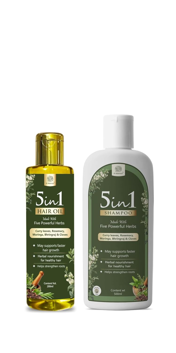 AL MASNOON 5-in-1 Herbal Shampoo & Hair Oil Combo | Enriched with 5 Traditional Herbs | Complete Hair Care for Strong, Healthy & Silky Hair