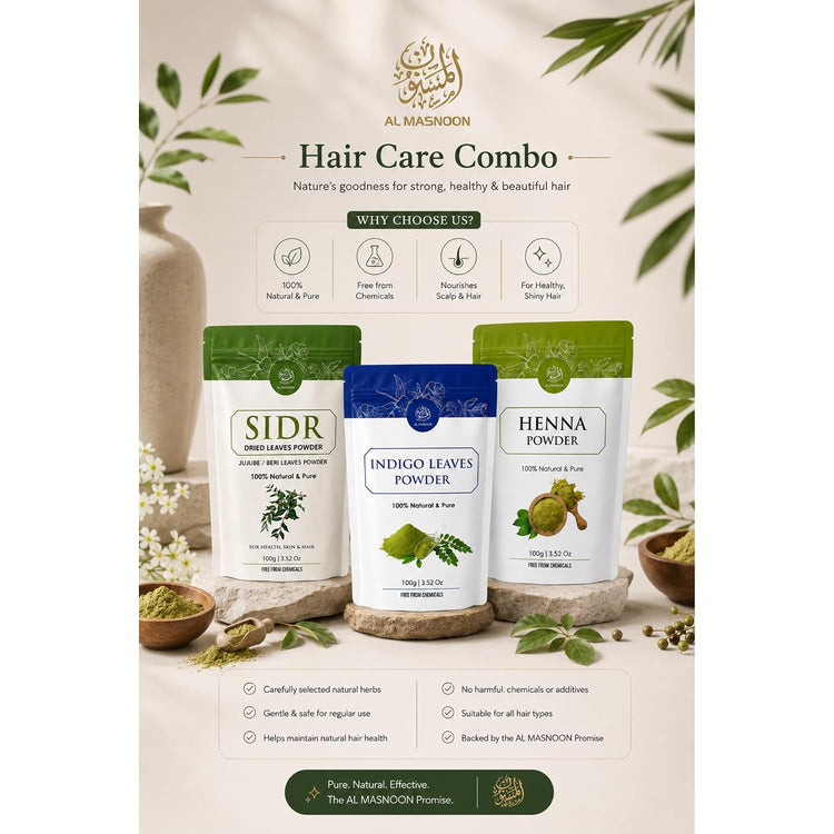 AL MASNOON Hair Care Combo | Sidr Leaves Powder, Indigo Leaves Powder & Henna Powder (100g Each) | 100% Natural & Pure | Chemical-Free Herbal Hair Care Trio
