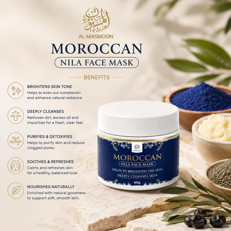 AL MASNOON Moroccan Nila Face Mask | 60g | Made with Pure Moroccan Nila Powder | Deep Cleansing Face Mask for Fresh, Smooth & Radiant-Looking Skin