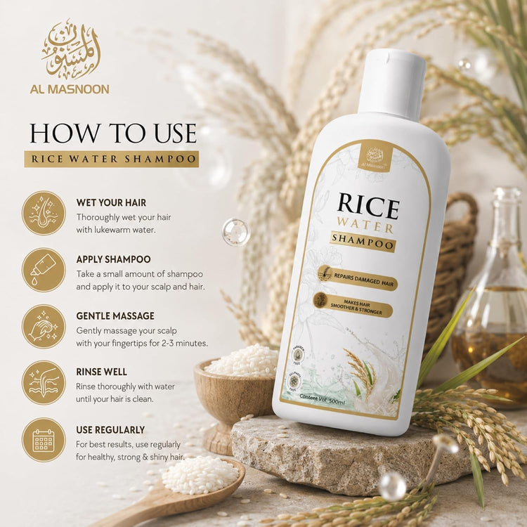 AL MASNOON Rice Water Shampoo | 500ml | Sulphate Free & Paraben Free | Gentle Hair Cleanser for Soft, Smooth & Healthy-Looking Hair