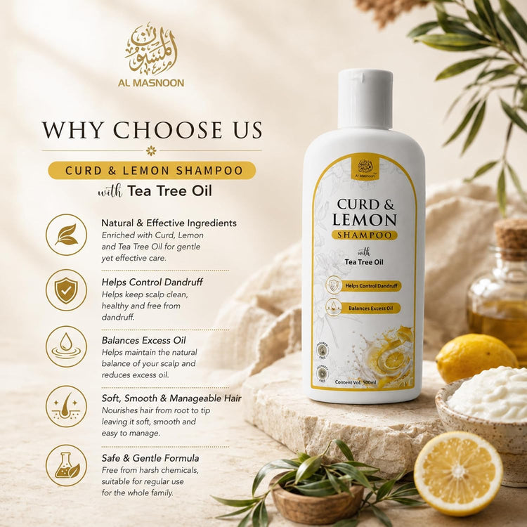 AL MASNOON Curd & Lemon Shampoo with Tea Tree Oil | 500ml | Sulphate Free & Paraben Free | Refreshing Hair Cleanser for Oily Scalp & Healthy-Looking Hair