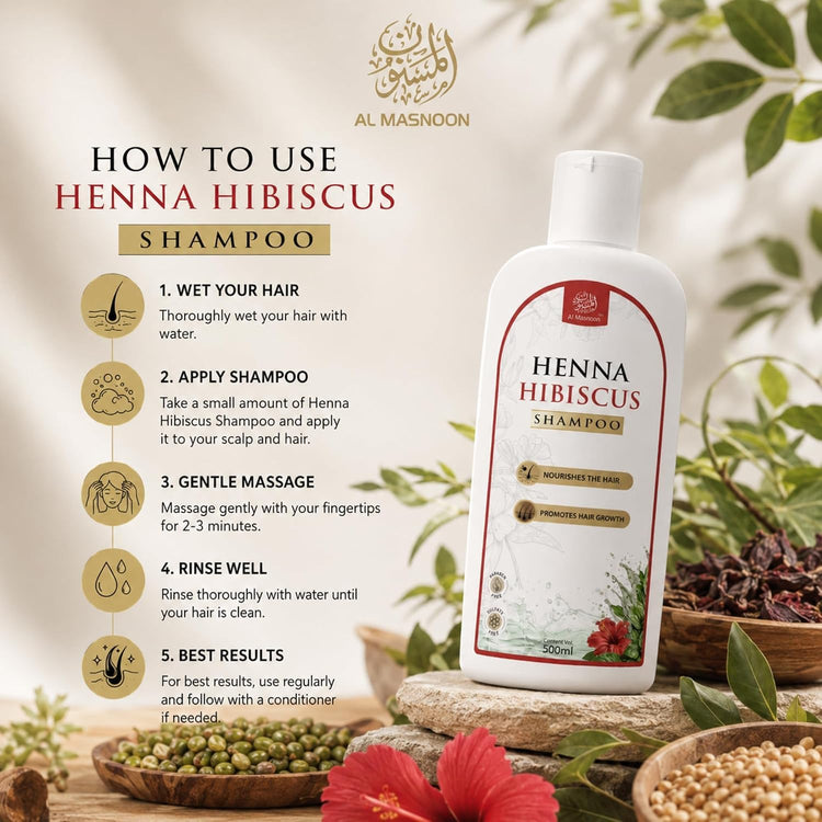 AL MASNOON Henna Hibiscus Shampoo | 500ml | Herbal Hair Cleanser with Henna & Hibiscus | Sulphate Free & Paraben Free | Gentle Daily Hair Care for Men & Women