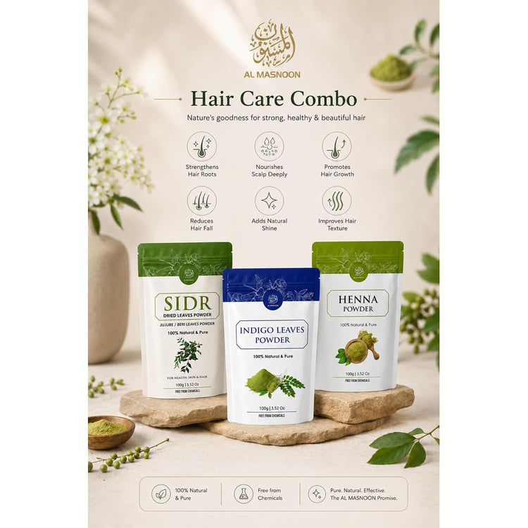 AL MASNOON Hair Care Combo | Sidr Leaves Powder, Indigo Leaves Powder & Henna Powder (100g Each) | 100% Natural & Pure | Chemical-Free Herbal Hair Care Trio