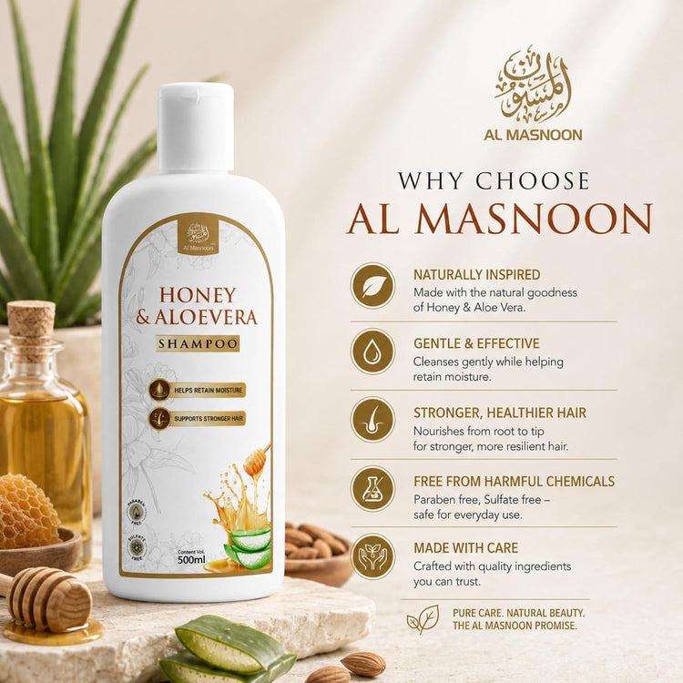 AL MASNOON Honey & Aloe Vera Shampoo | 500ml | Moisturizing Hair Cleanser | Sulphate Free & Paraben Free | Nourishing Shampoo for Soft, Smooth & Healthy-Looking Hair