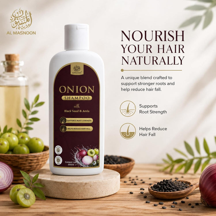 AL MASNOON Onion Shampoo with Black Seed & Amla | 500ml | Sulphate Free & Paraben Free | Gentle Hair Cleanser for Strong, Healthy-Looking Hair
