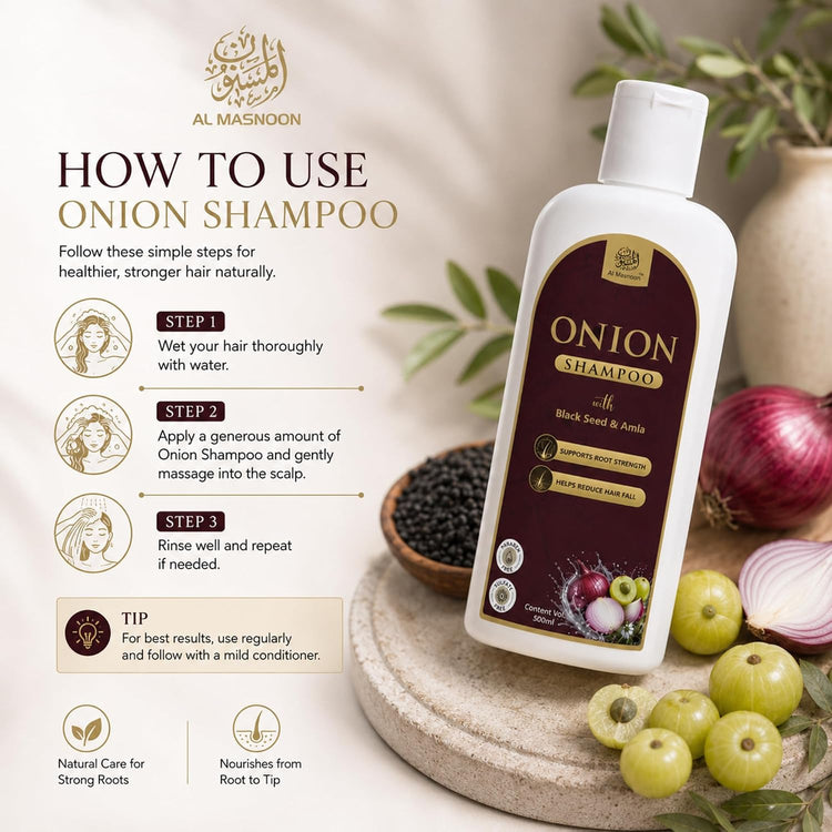 AL MASNOON Onion Shampoo with Black Seed & Amla | 500ml | Sulphate Free & Paraben Free | Gentle Hair Cleanser for Strong, Healthy-Looking Hair