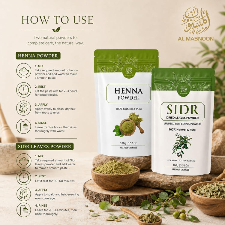 AL MASNOON Henna Powder & Sidr Leaves Powder Hair Care Combo | 100g + 100g | 100% Natural & Pure | Chemical-Free Herbal Hair Mask & Hair Cleanser