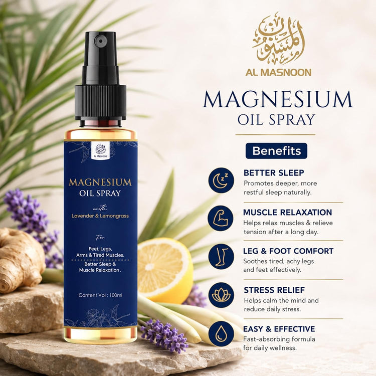 AL MASNOON Magnesium Oil Spray | 100ml | With Lavender & Lemongrass | Fast-Absorbing Body Spray for Muscle Relaxation & Daily Wellness