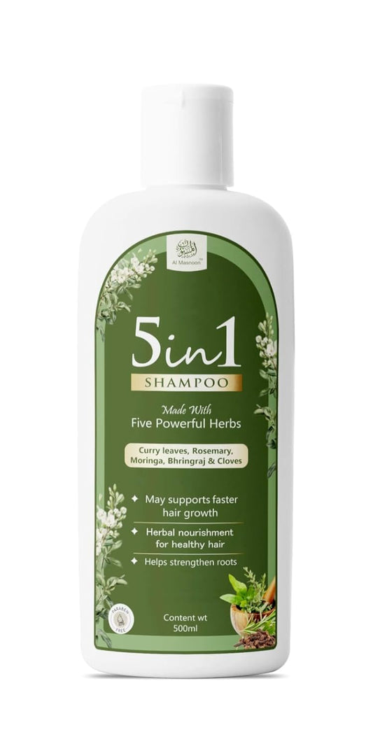 AL MASNOON 5 in 1 Herbal Shampoo with 5 Powerful Herbs (500 ml) Curry Leaves, Clove, Bhringraj, Moringa & Rosemary | SLS & Paraben Free | Gentle Hair Care Formula