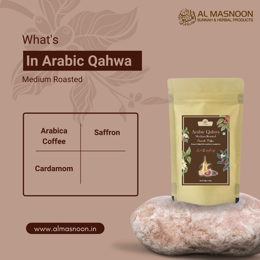 Al Masnoon Saudi Qahwa Light Roasted Saudi Coffee|Ground Coffee Rich With Saffron & Ginger 100G (Pack Of 1) - Bag