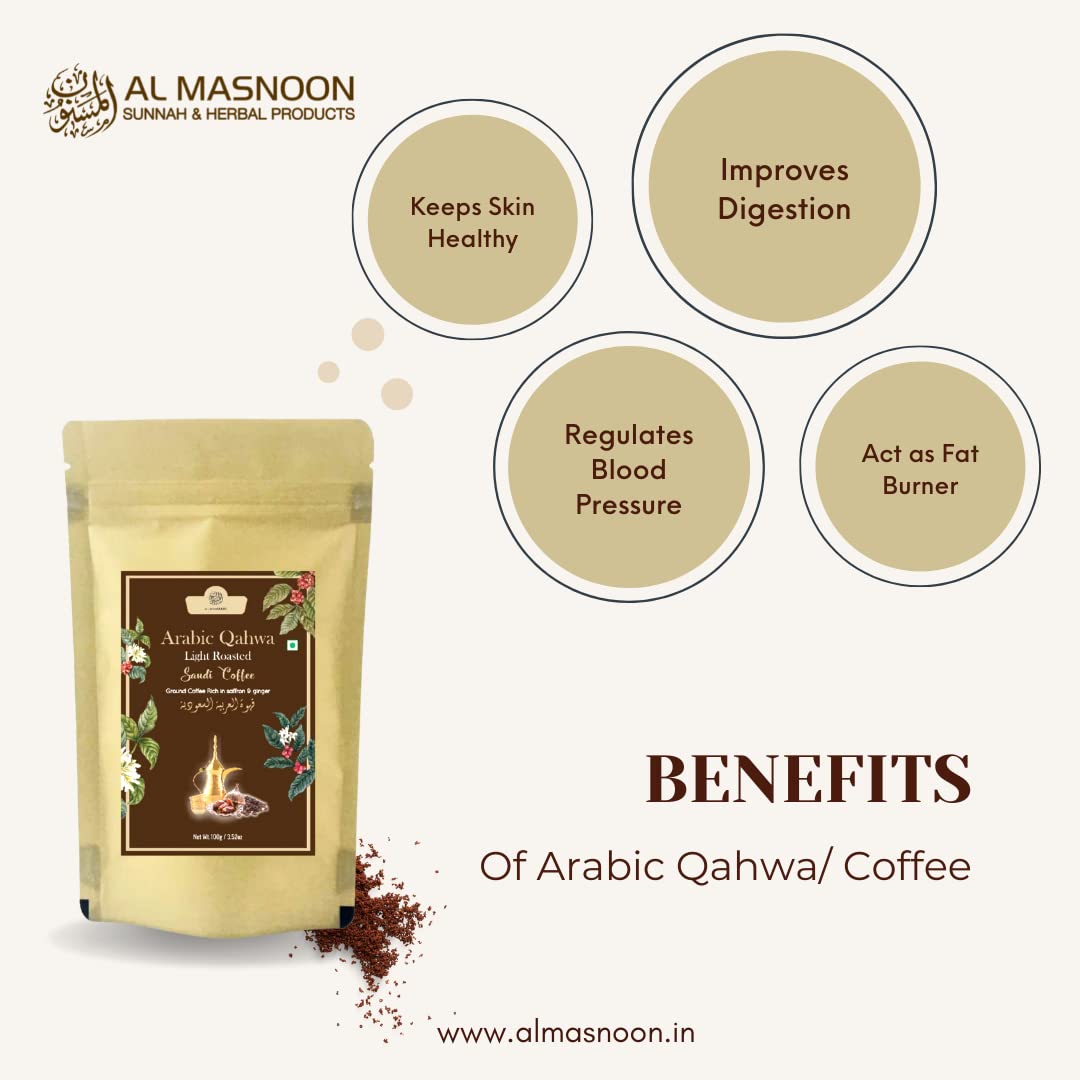 Al Masnoon Saudi Qahwa Light Roasted Saudi Coffee|Ground Coffee Rich With Saffron & Ginger 100G (Pack Of 1) - Bag