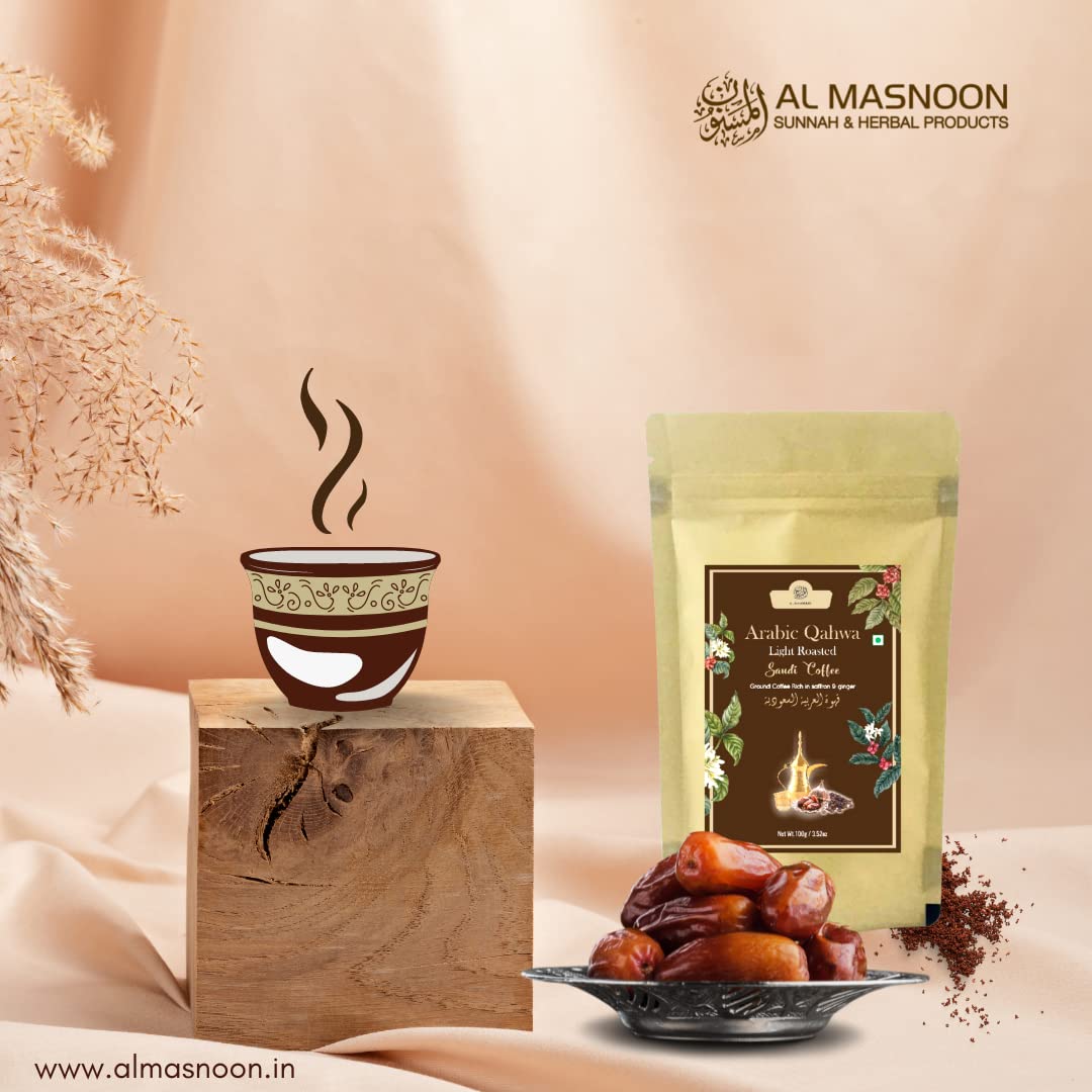 Al Masnoon Saudi Qahwa Light Roasted Saudi Coffee|Ground Coffee Rich With Saffron & Ginger 100G (Pack Of 1) - Bag