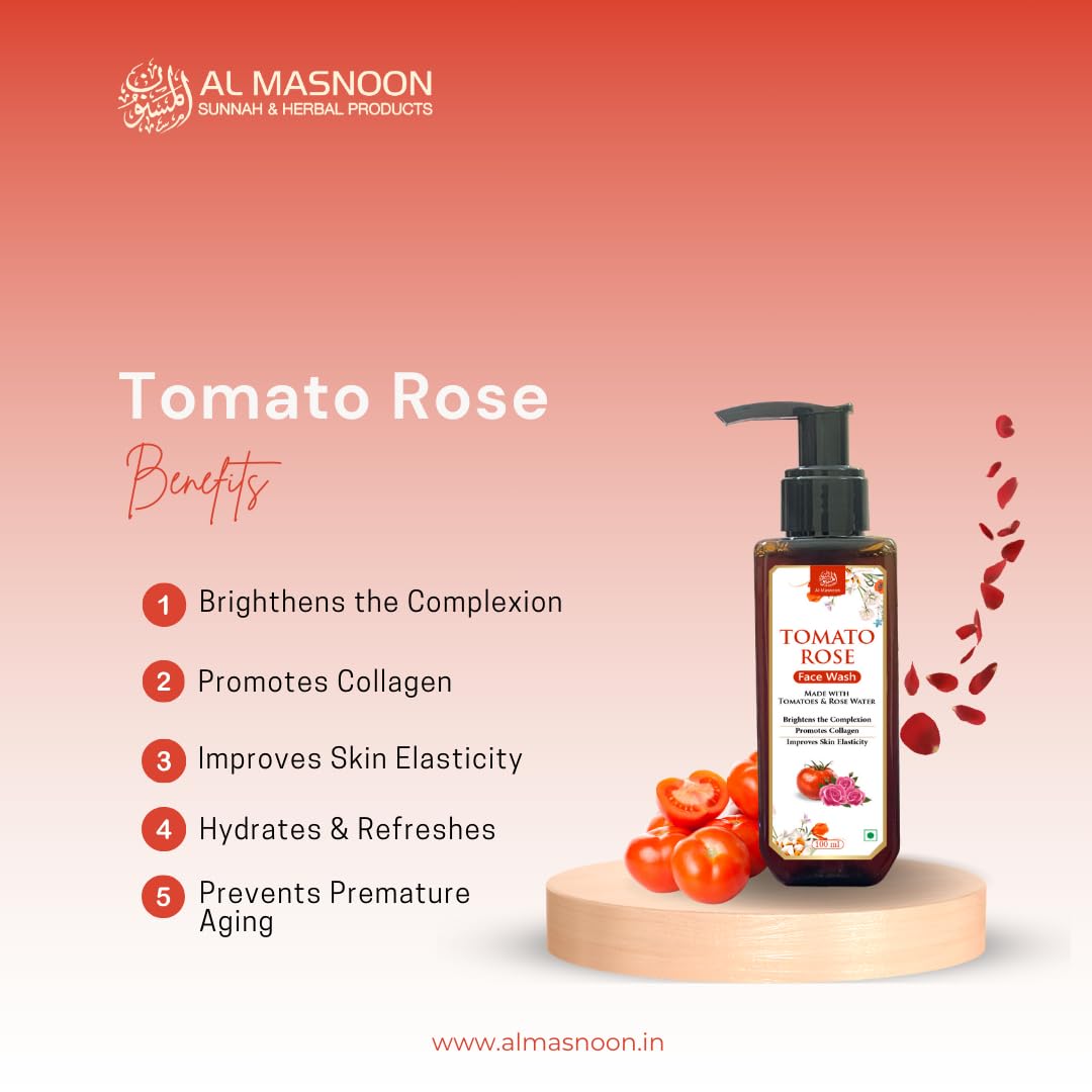 AL MASNOON Tomato Rose Face Wash | 100ml Pack of 1 | Natural & SLS Paraben Free, Enriched with Tomato and Rose Extracts for Clean, Radiant, and Glowing Skin