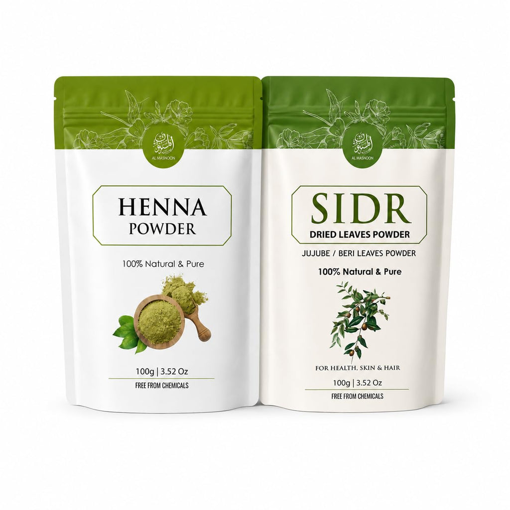 AL MASNOON Henna Powder & Sidr Leaves Powder Hair Care Combo | 100g + 100g | 100% Natural & Pure | Chemical-Free Herbal Hair Mask & Hair Cleanser