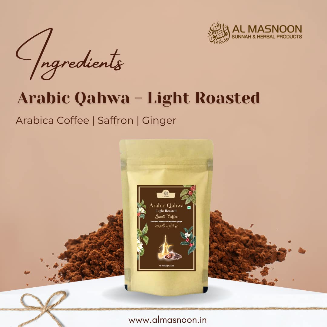 Al Masnoon Saudi Qahwa Light Roasted Saudi Coffee|Ground Coffee Rich With Saffron & Ginger 100G (Pack Of 1) - Bag