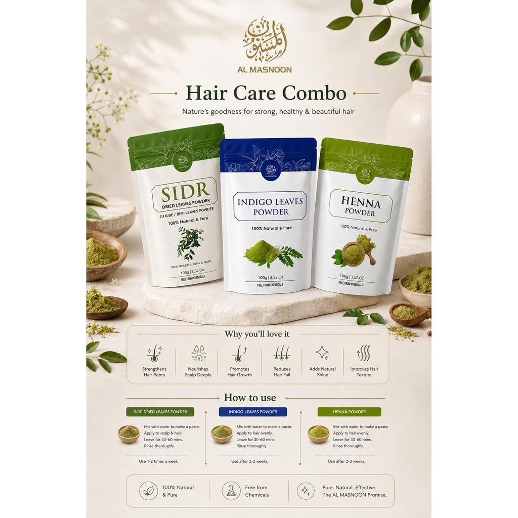 AL MASNOON Hair Care Combo | Sidr Leaves Powder, Indigo Leaves Powder & Henna Powder (100g Each) | 100% Natural & Pure | Chemical-Free Herbal Hair Care Trio