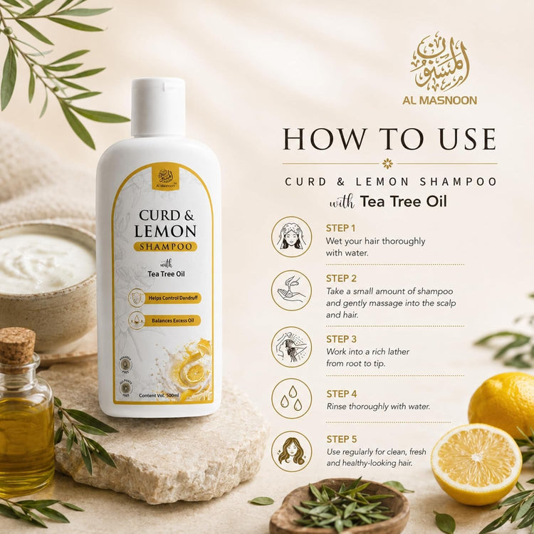 AL MASNOON Curd & Lemon Shampoo with Tea Tree Oil | 500ml | Sulphate Free & Paraben Free | Refreshing Hair Cleanser for Oily Scalp & Healthy-Looking Hair