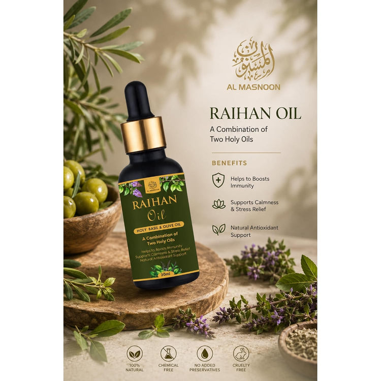 AL MASNOON Raihan Oil | 30ml | Sacred Blend of Pure Olive Oil & Holy Basil (Raihan) Oil | Traditional Multi-Purpose Herbal Oil for Massage, Aromatherapy & Personal Care