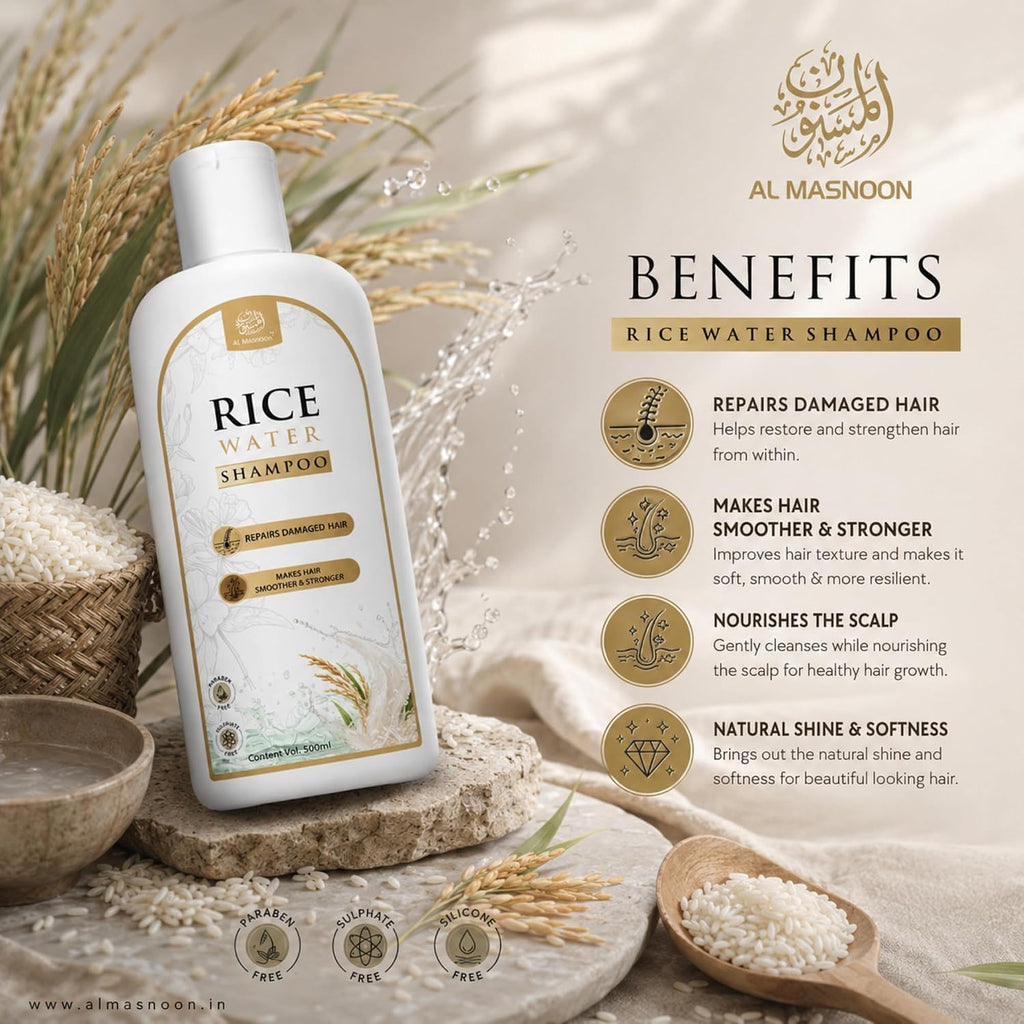 AL MASNOON Rice Water Shampoo | 500ml | Sulphate Free & Paraben Free | Gentle Hair Cleanser for Soft, Smooth & Healthy-Looking Hair