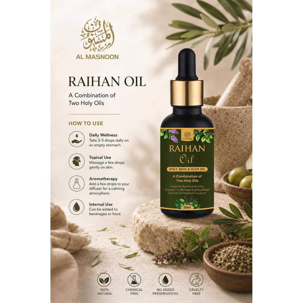 AL MASNOON Raihan Oil | 30ml | Sacred Blend of Pure Olive Oil & Holy Basil (Raihan) Oil | Traditional Multi-Purpose Herbal Oil for Massage, Aromatherapy & Personal Care