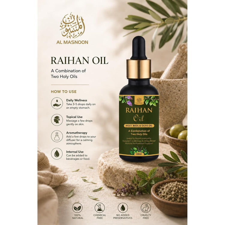 AL MASNOON Raihan Oil | 30ml | Sacred Blend of Pure Olive Oil & Holy Basil (Raihan) Oil | Traditional Multi-Purpose Herbal Oil for Massage, Aromatherapy & Personal Care