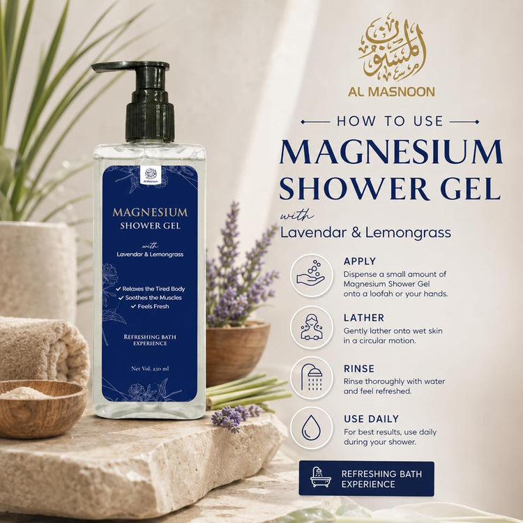 AL MASNOON Magnesium Shower Gel with Lavender & Lemongrass | 250ml | Relaxing & Refreshing Body Wash | Gentle Cleansing for Soft, Fresh & Revitalized Skin