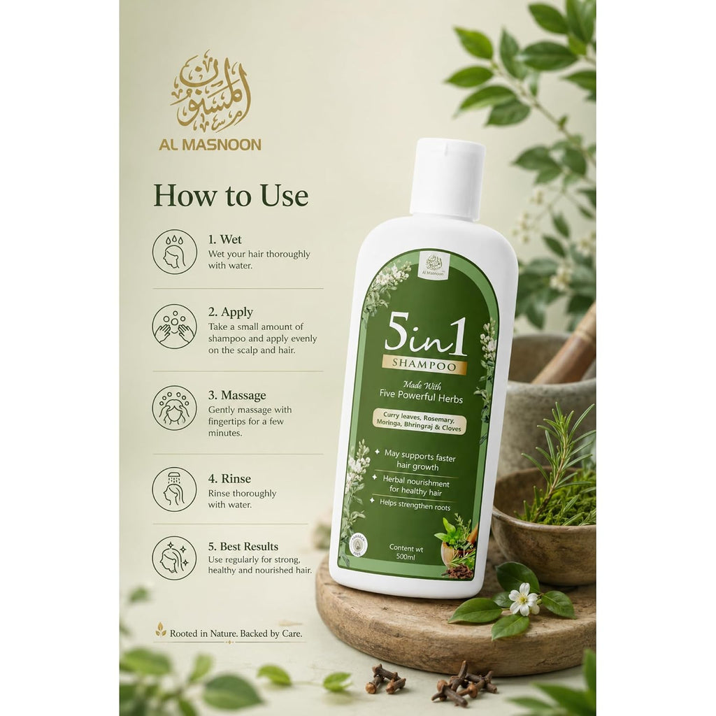 AL MASNOON 5 in 1 Herbal Shampoo with 5 Powerful Herbs (500 ml) Curry Leaves, Clove, Bhringraj, Moringa & Rosemary | SLS & Paraben Free | Gentle Hair Care Formula