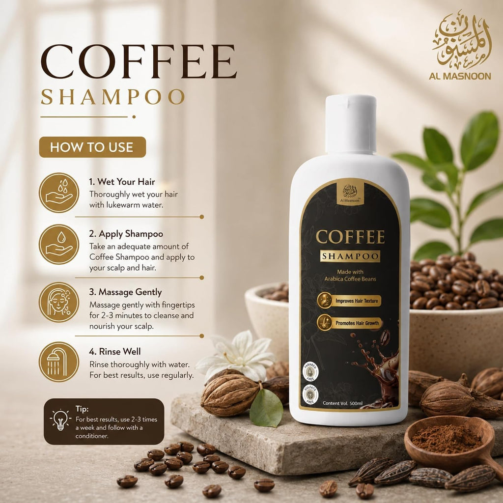 AL MASNOON Coffee Shampoo | 500ml | Made with Arabica Coffee Beans | Sulphate Free & Paraben Free | Gentle Hair Cleanser for Soft, Smooth & Healthy-Looking Hair