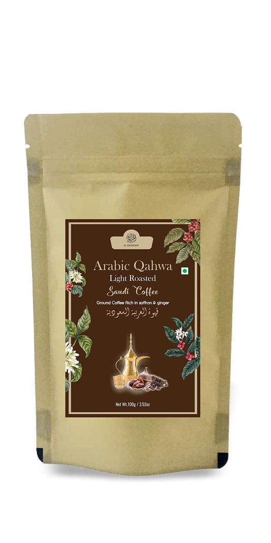 Al Masnoon Saudi Qahwa Light Roasted Saudi Coffee|Ground Coffee Rich With Saffron & Ginger 100G (Pack Of 1) - Bag