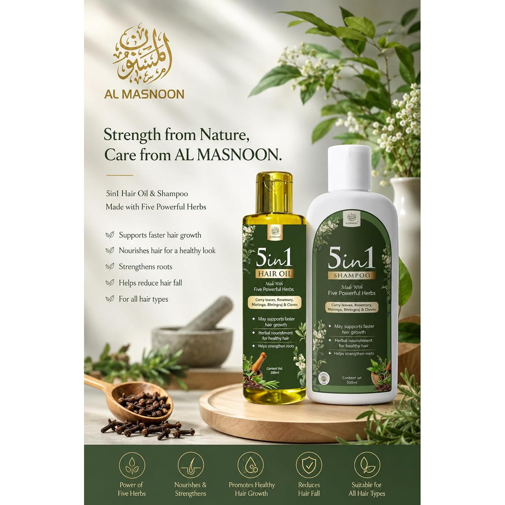 AL MASNOON 5-in-1 Herbal Shampoo & Hair Oil Combo | Enriched with 5 Traditional Herbs | Complete Hair Care for Strong, Healthy & Silky Hair