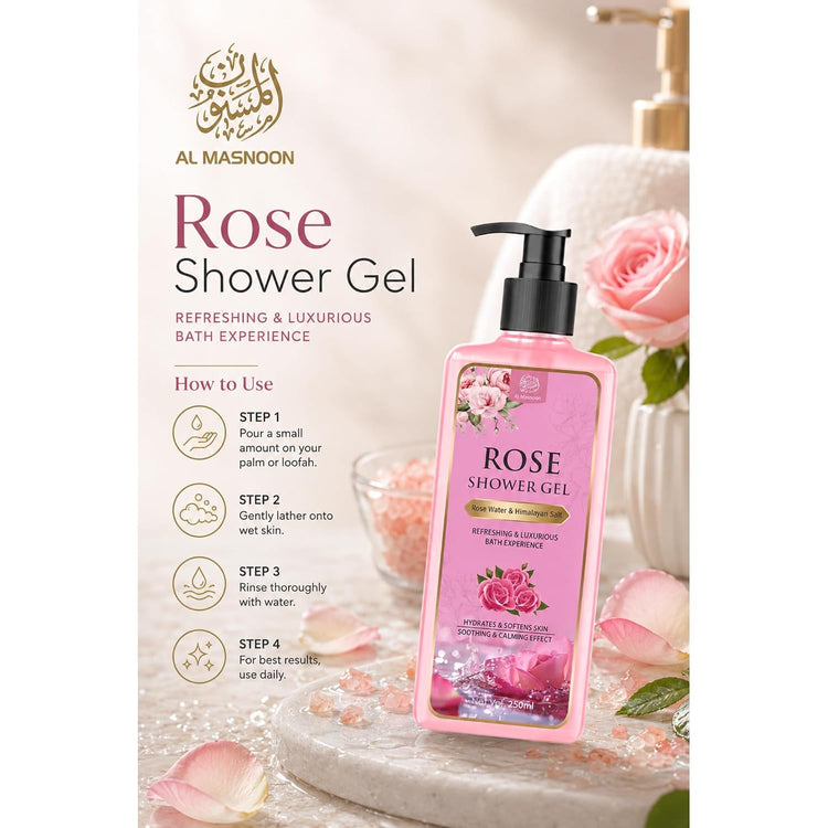 AL MASNOON Rose Shower Gel with Himalayan Pink Salt | 250ml | Refreshing Body Wash | Gentle Cleansing & Hydrating Formula for Soft, Smooth Skin