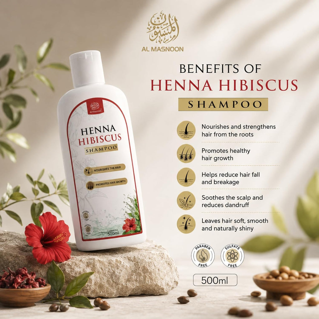 AL MASNOON Henna Hibiscus Shampoo | 500ml | Herbal Hair Cleanser with Henna & Hibiscus | Sulphate Free & Paraben Free | Gentle Daily Hair Care for Men & Women