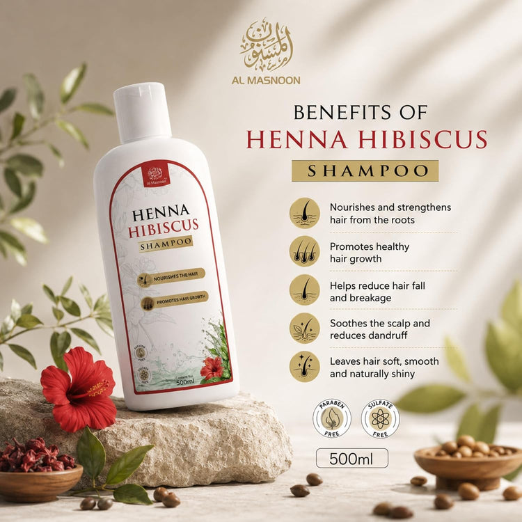 AL MASNOON Henna Hibiscus Shampoo | 500ml | Herbal Hair Cleanser with Henna & Hibiscus | Sulphate Free & Paraben Free | Gentle Daily Hair Care for Men & Women