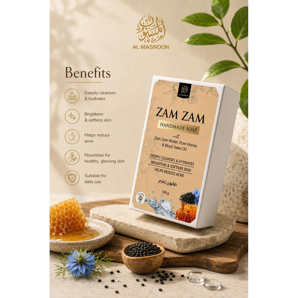 AL MASNOON Zam Zam Handmade Soap | 100g | Enriched with Zam Zam Water, Pure Honey, Olive Oil & Black Seed Oil | Gentle Cleansing & Deep Moisturizing Bath Soap