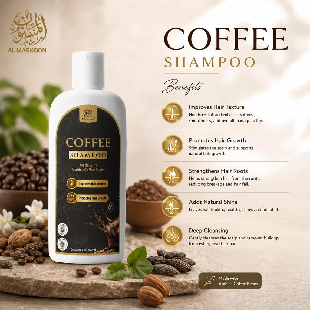 AL MASNOON Coffee Shampoo | 500ml | Made with Arabica Coffee Beans | Sulphate Free & Paraben Free | Gentle Hair Cleanser for Soft, Smooth & Healthy-Looking Hair