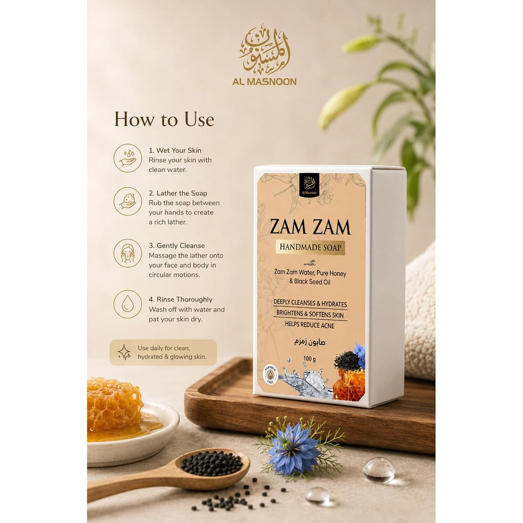 AL MASNOON Zam Zam Handmade Soap | 100g | Enriched with Zam Zam Water, Pure Honey, Olive Oil & Black Seed Oil | Gentle Cleansing & Deep Moisturizing Bath Soap