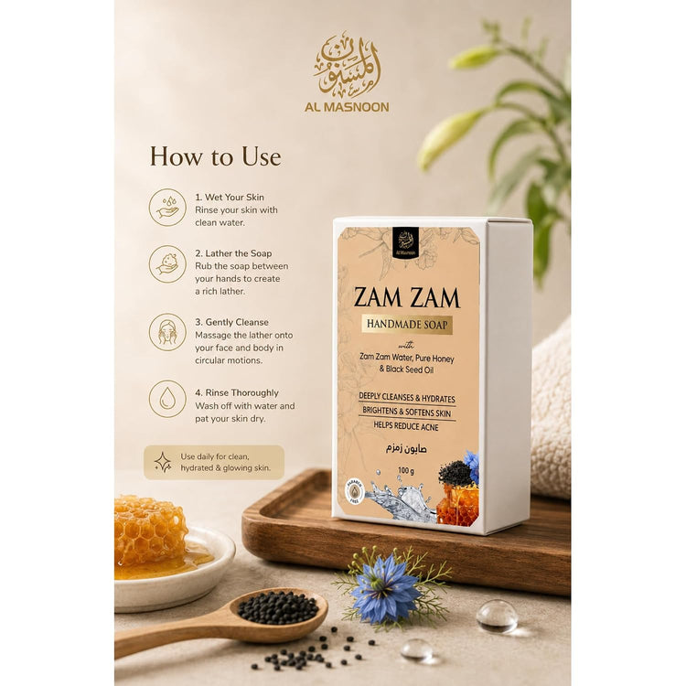 AL MASNOON Zam Zam Handmade Soap | 100g | Enriched with Zam Zam Water, Pure Honey, Olive Oil & Black Seed Oil | Gentle Cleansing & Deep Moisturizing Bath Soap