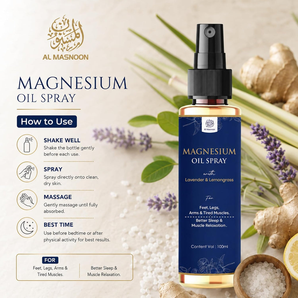 AL MASNOON Magnesium Oil Spray | 100ml | With Lavender & Lemongrass | Fast-Absorbing Body Spray for Muscle Relaxation & Daily Wellness