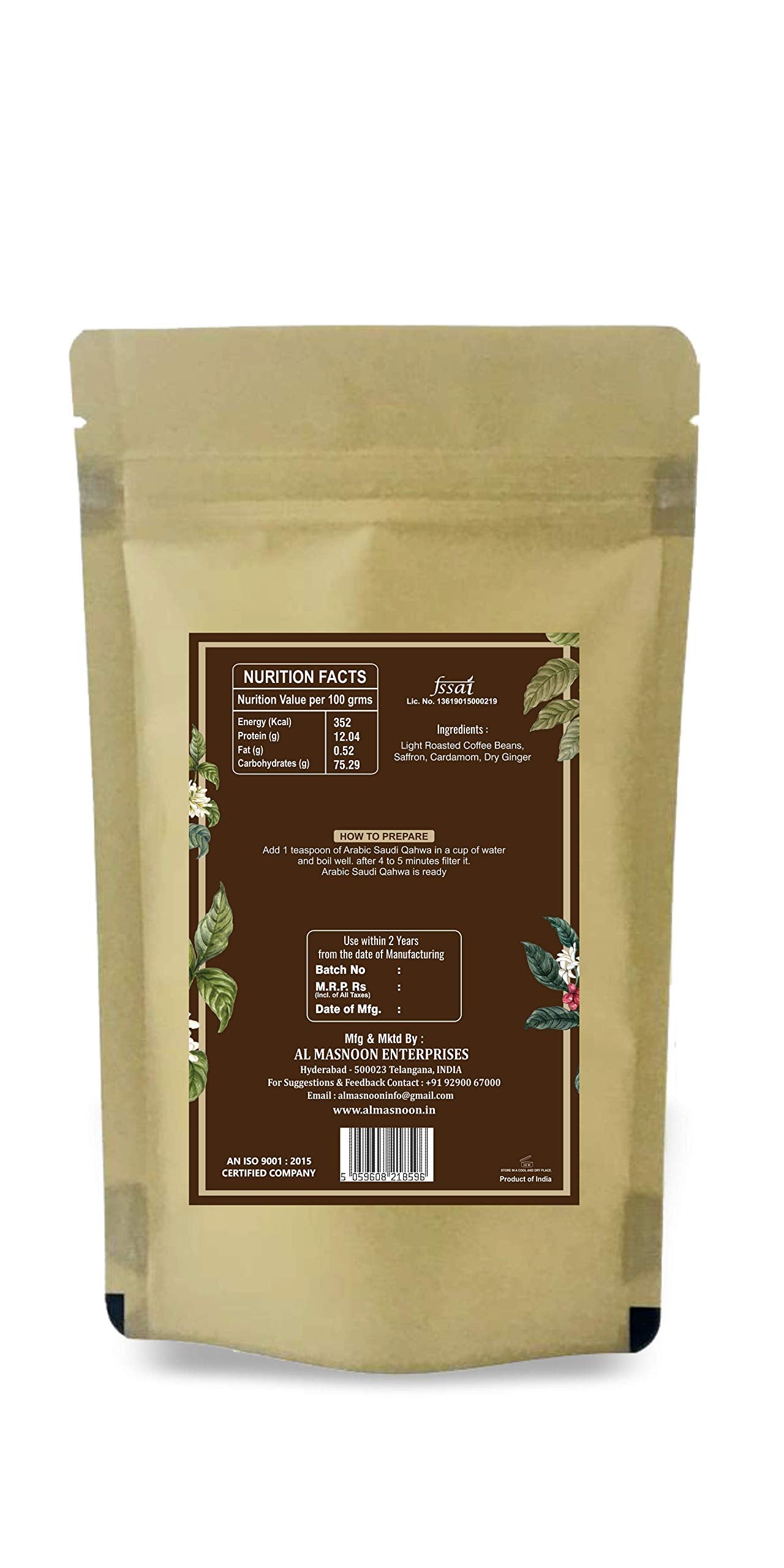 Al Masnoon Saudi Qahwa Light Roasted Saudi Coffee|Ground Coffee Rich With Saffron & Ginger 100G (Pack Of 1) - Bag