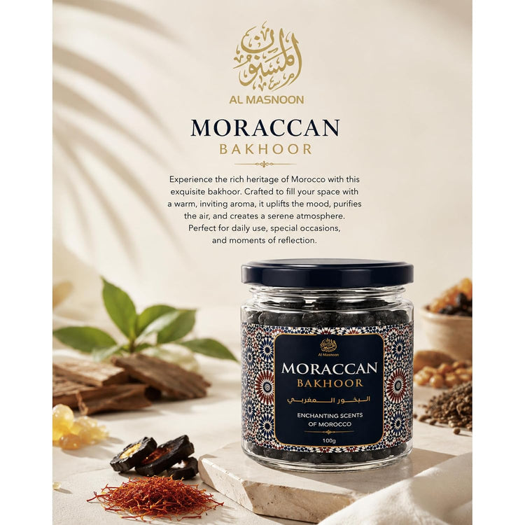 AL MASNOON Moroccan Bakhoor | 100g | Luxury Arabic Bakhoor Incense | Rich Oriental Fragrance for Home, Majlis & Special Occasions