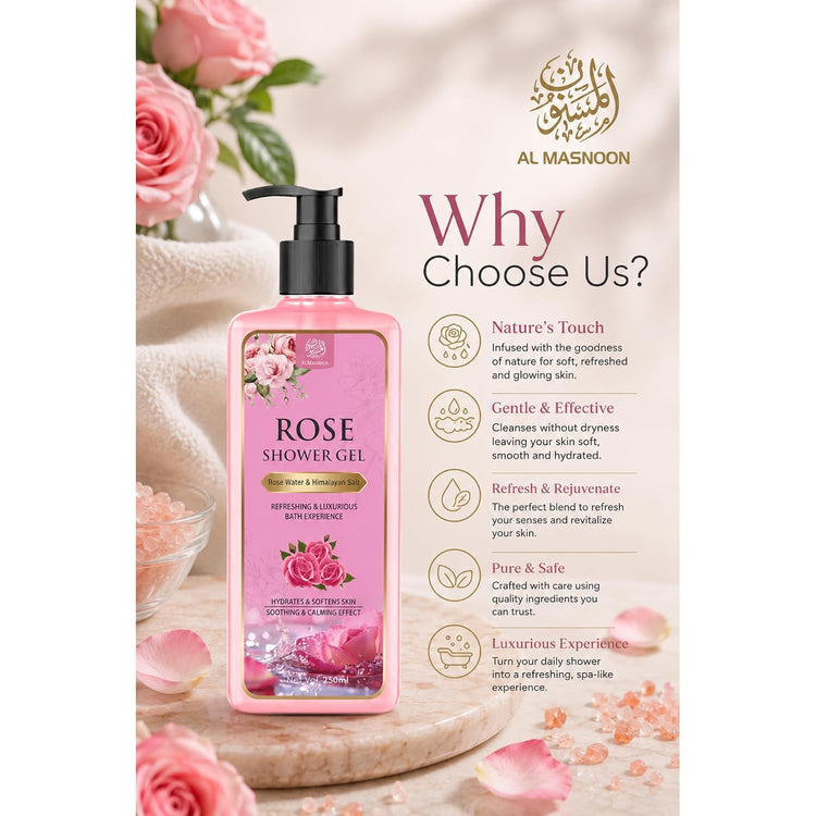 AL MASNOON Rose Shower Gel with Himalayan Pink Salt | 250ml | Refreshing Body Wash | Gentle Cleansing & Hydrating Formula for Soft, Smooth Skin