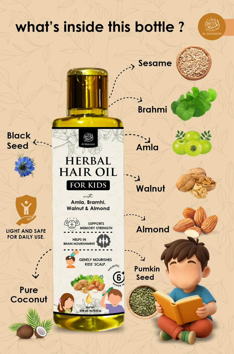 AL MASNOON Herbal Hair Oil for Kids | 200ml | With Amla, Brahmi, Walnut & Almond | Nourishing Ayurvedic Hair Oil for Soft, Healthy-Looking Hair