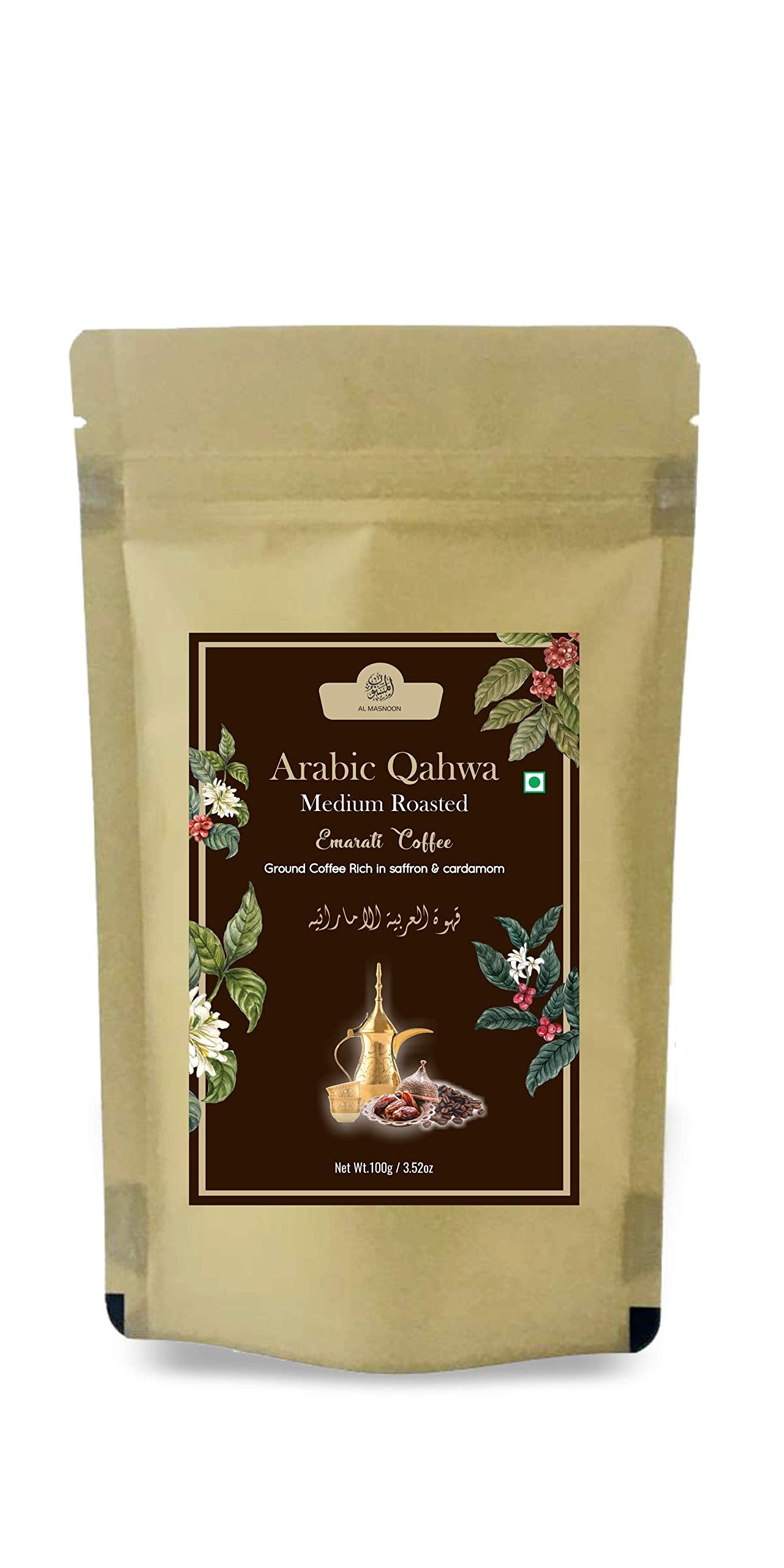 Al Masnoon Saudi Qahwa Light Roasted Saudi Coffee|Ground Coffee Rich With Saffron & Ginger 100G (Pack Of 1) - Bag