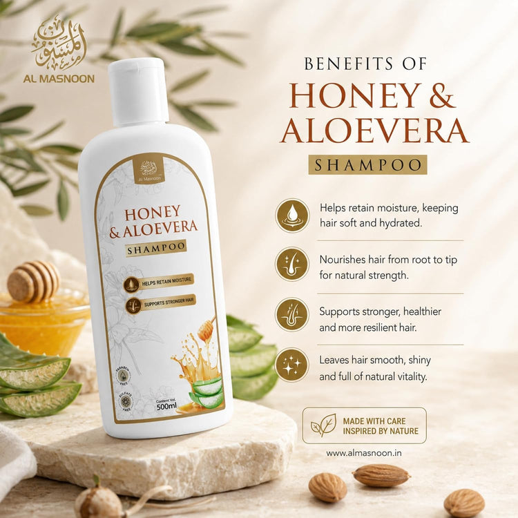 AL MASNOON Honey & Aloe Vera Shampoo | 500ml | Moisturizing Hair Cleanser | Sulphate Free & Paraben Free | Nourishing Shampoo for Soft, Smooth & Healthy-Looking Hair