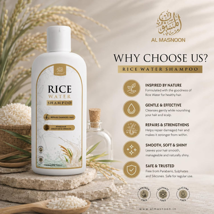 AL MASNOON Rice Water Shampoo | 500ml | Sulphate Free & Paraben Free | Gentle Hair Cleanser for Soft, Smooth & Healthy-Looking Hair