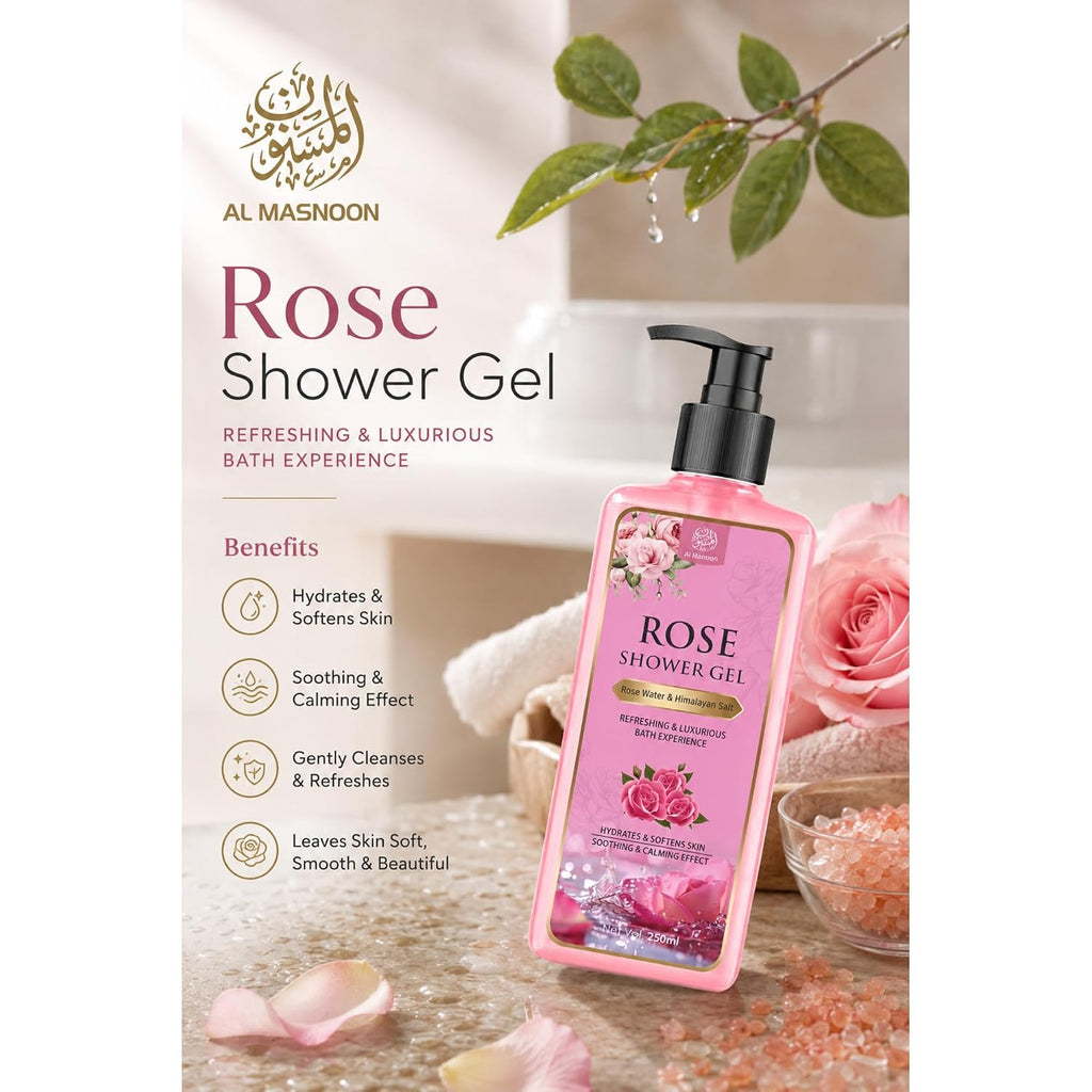 AL MASNOON Rose Shower Gel with Himalayan Pink Salt | 250ml | Refreshing Body Wash | Gentle Cleansing & Hydrating Formula for Soft, Smooth Skin