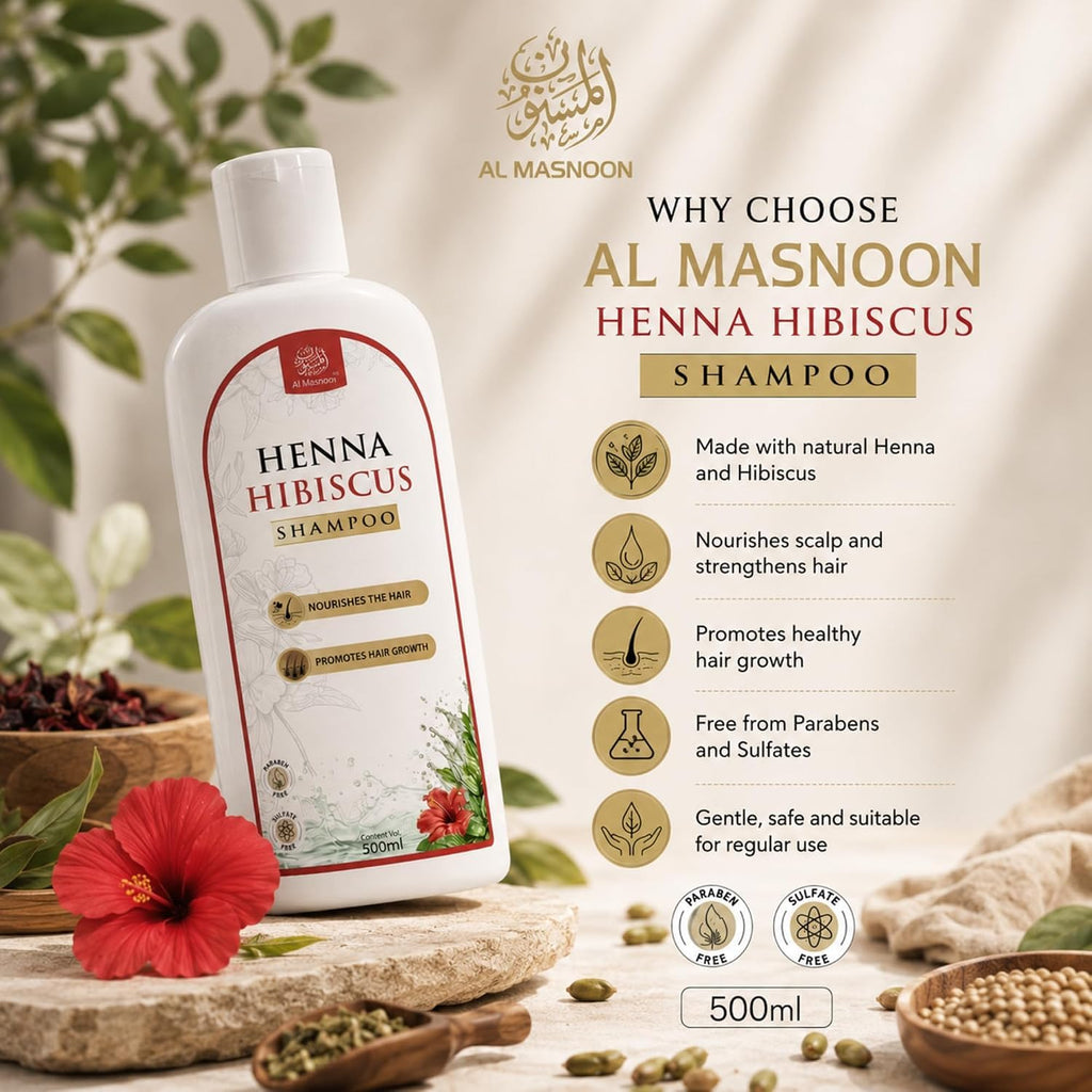AL MASNOON Henna Hibiscus Shampoo | 500ml | Herbal Hair Cleanser with Henna & Hibiscus | Sulphate Free & Paraben Free | Gentle Daily Hair Care for Men & Women