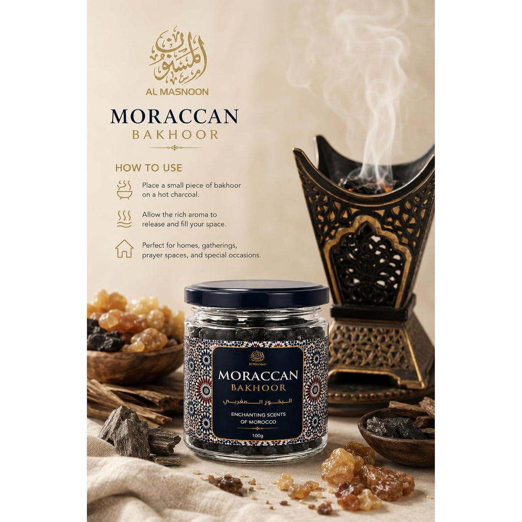 AL MASNOON Moroccan Bakhoor | 100g | Luxury Arabic Bakhoor Incense | Rich Oriental Fragrance for Home, Majlis & Special Occasions